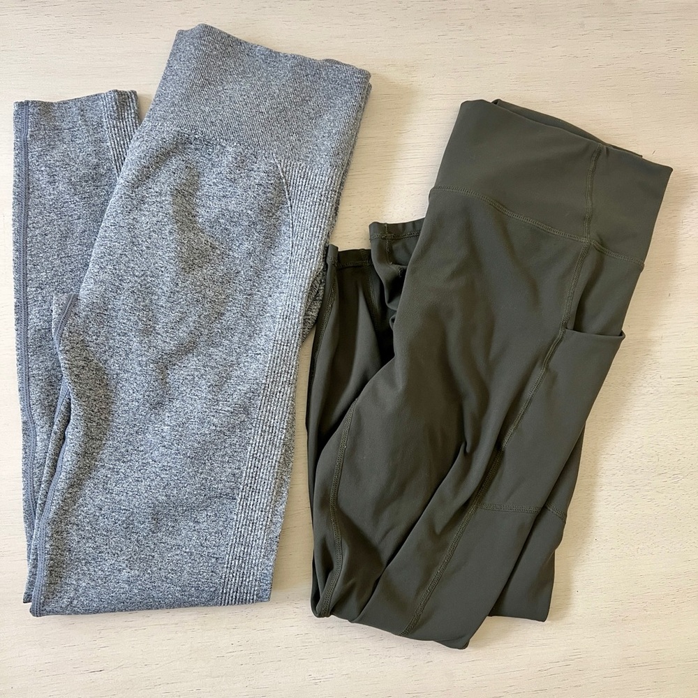 Olive Leggings Fabletics & Heather Gray Scrunched Butt Yoga Capri Pair Size XL